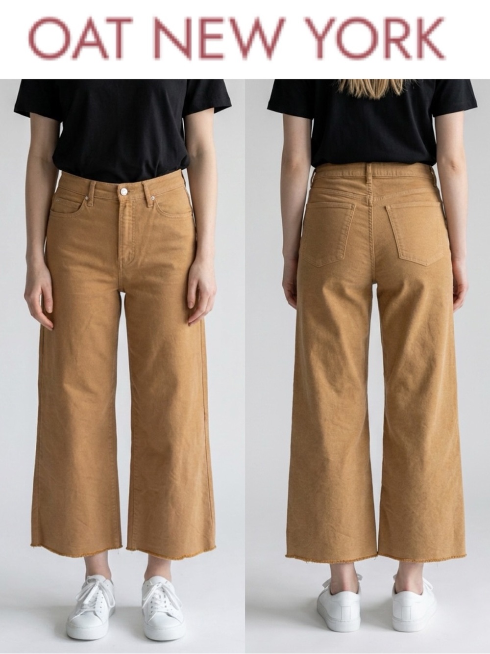 OAT NEW YORK HIGH RISE WIDE LEG CROP CARAMEL BROWN RAW HEM STRETCH JEANS SIZE 31